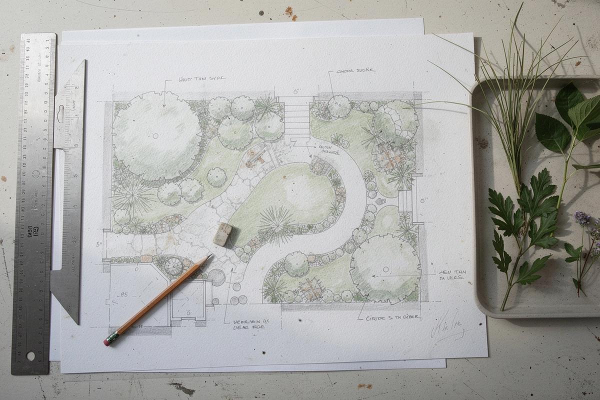 Landscape designer marking a scaled garden plan on a work table