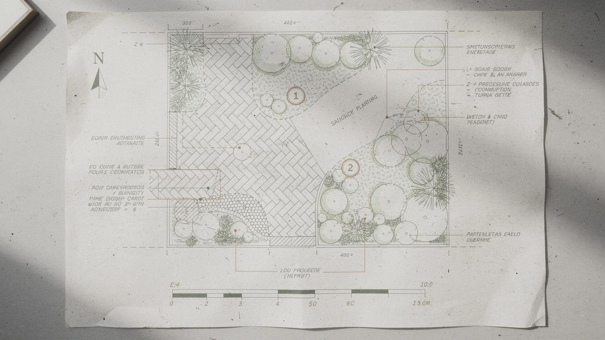 Dimensioned 2D garden plan drawing with scale bar, north arrow and numbered callouts
