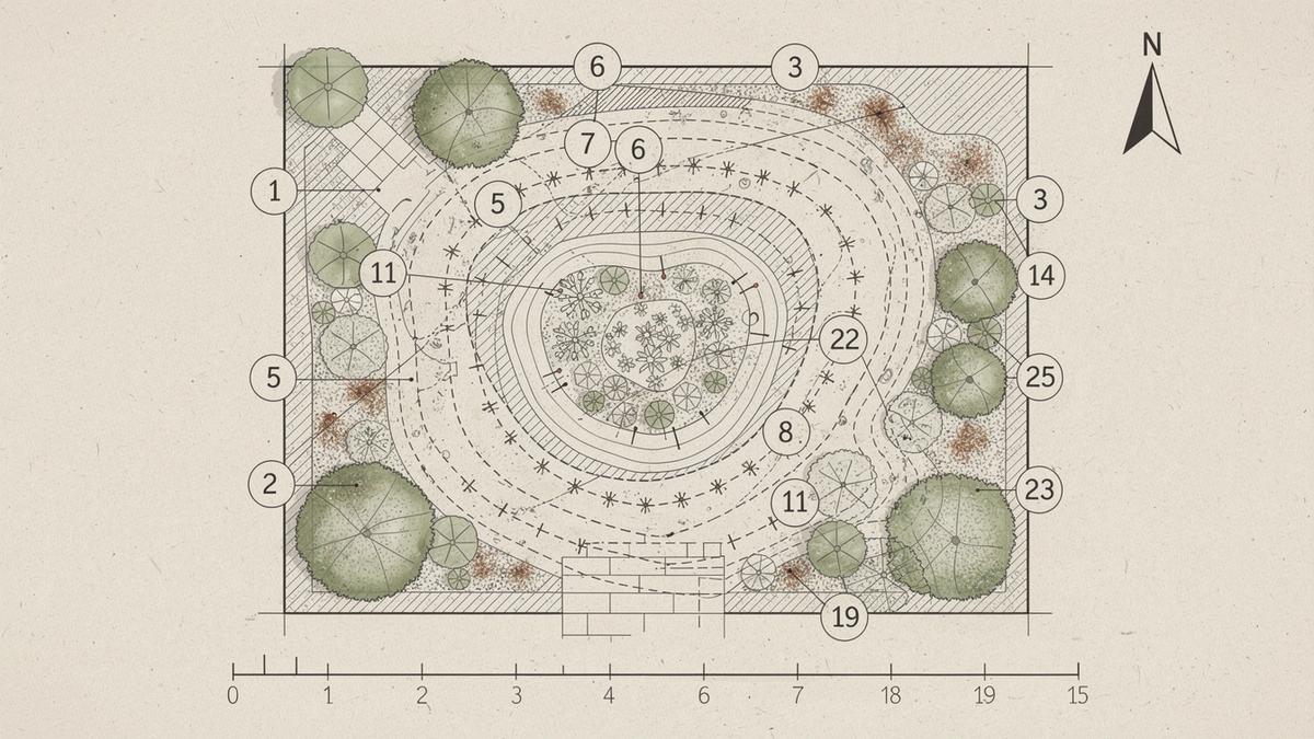 Planting plan of the same Kyiv garden after redesign: 86 square metres of beds, a rain garden and drip lines