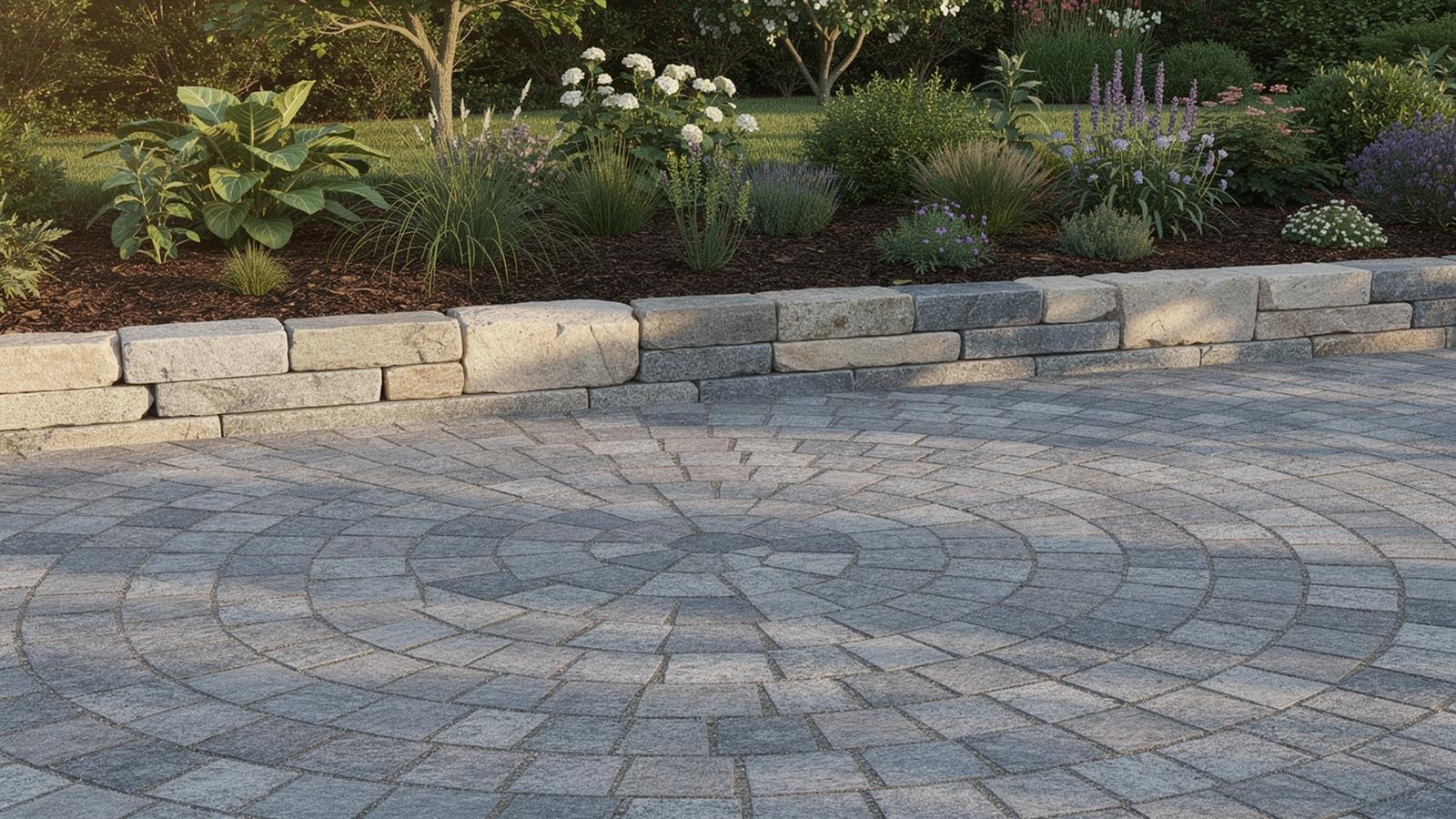 Granite sett terrace with a low retaining wall and planted border in a Kyiv garden