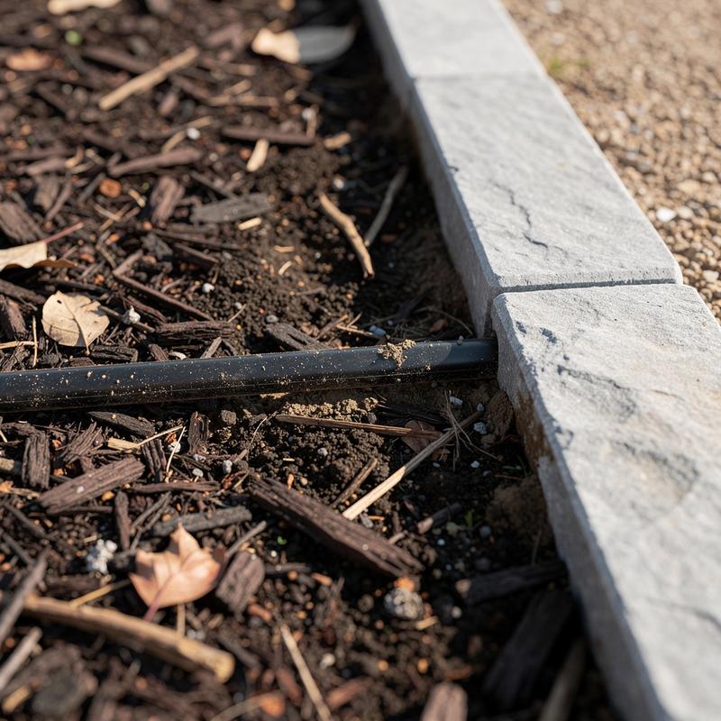 Drip irrigation line laid along a mulched planting bed beside stone edging