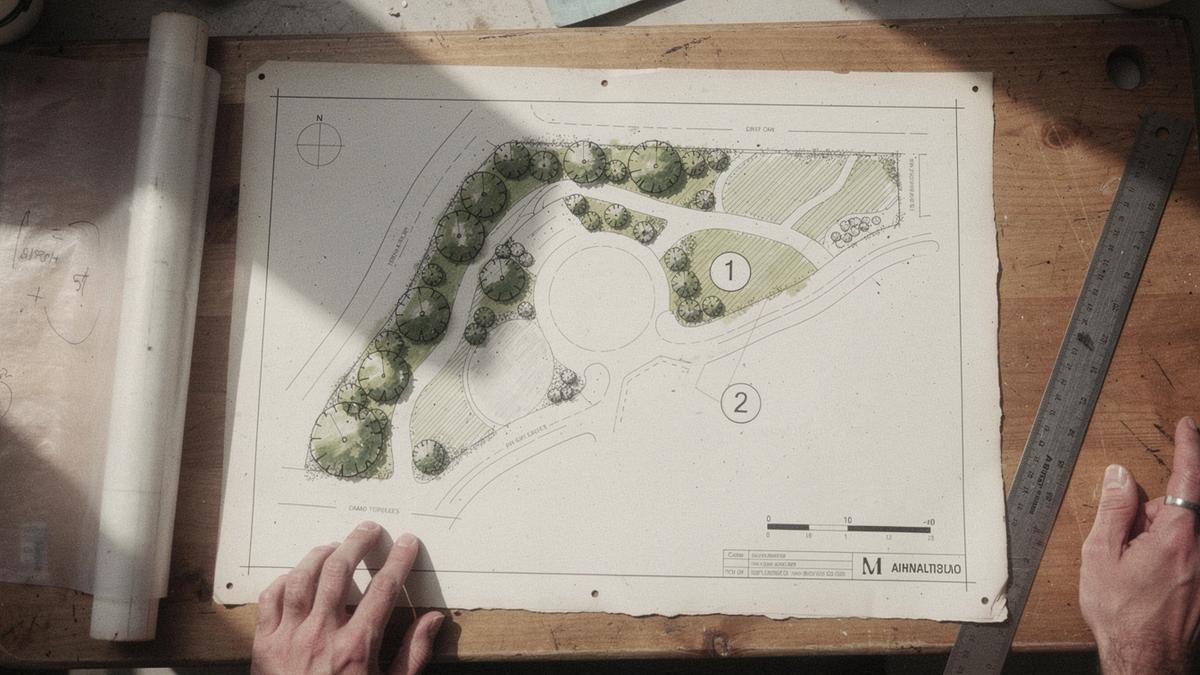 Scaled landscape plan drawing pinned on a drafting board, with a scale bar and numbered callouts