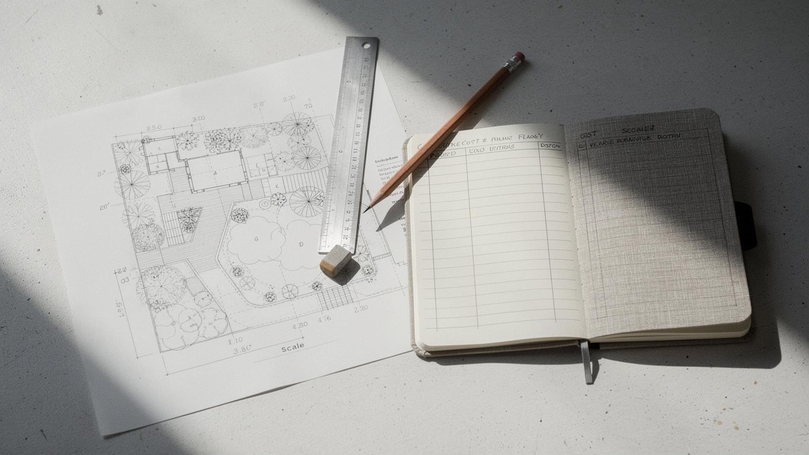 Scaled planting plan and a cost worksheet laid out on a studio desk beside a printed scale bar