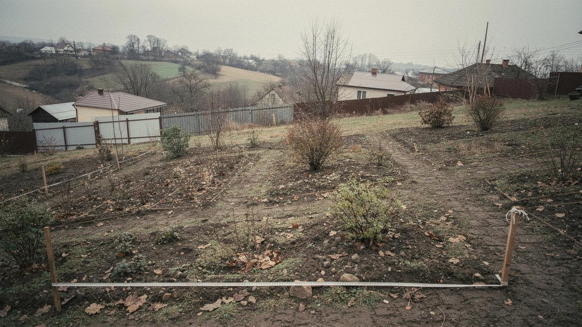 Sloped garden plot in the Kyiv hills being measured before a plan-first site assessment