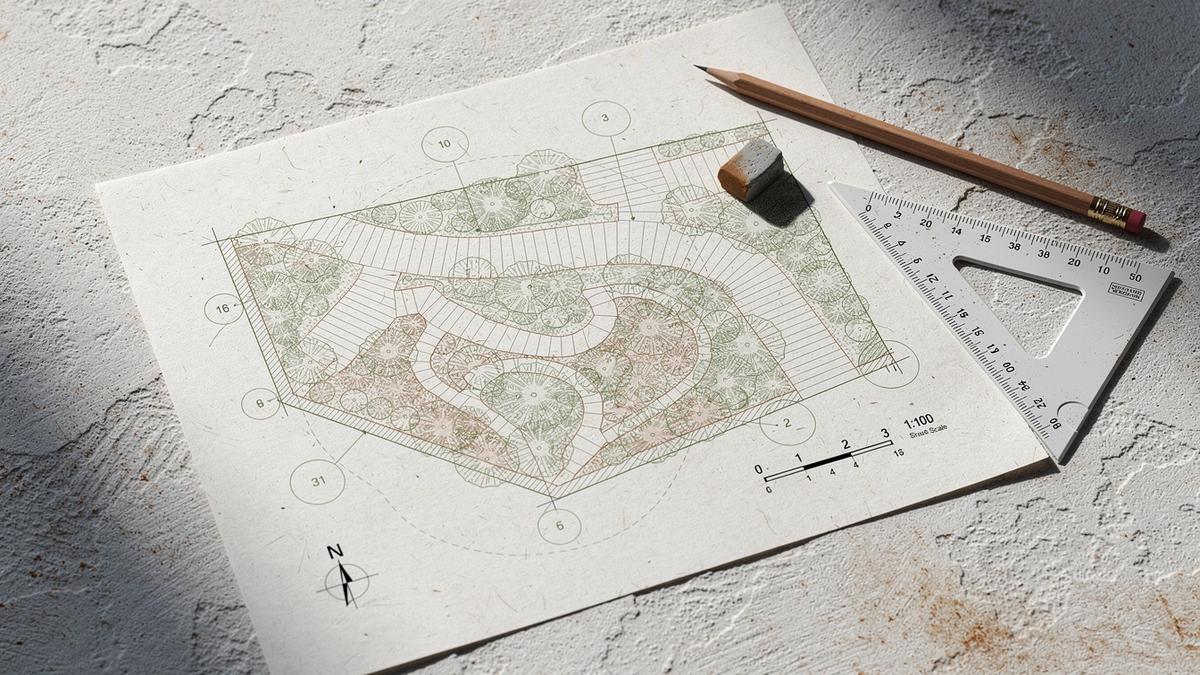 Landscape concept plan at 1:100 with hatched planting beds, keyed callouts and a scale bar