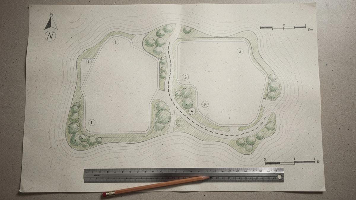 Annotated landscape site plan with hatched planting beds, a north arrow, a scale bar and four numbered callouts
