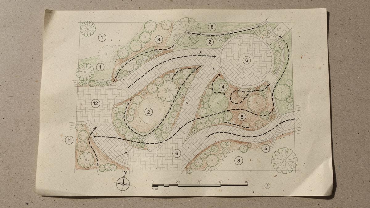 Planting plan overlay with contour lines, irrigation runs and numbered bed callouts